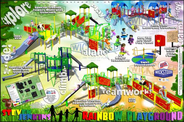 **Alt text:** “Colorful concept art of multi-level playground structures with slides, climbing frames, play panels, and words like ‘explore,’ ‘climb,’ and ‘teamwork,’ labeled ‘Steven Jenkins Rainbow Playground.’”