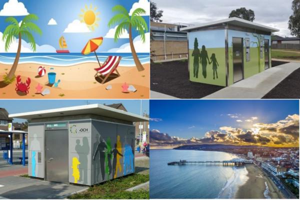 A four-part collage showing: (1) an illustrated tropical beach scene with palm trees, a sun, umbrella, sailboat, and beach toys; (2) a light blue and green public toilet building with dark green family silhouette artwork on its side; (3) a grey public restroom unit decorated with multicolored human silhouettes; and (4) an aerial view of a sandy beach, pier, and shoreline under a sunset sky.