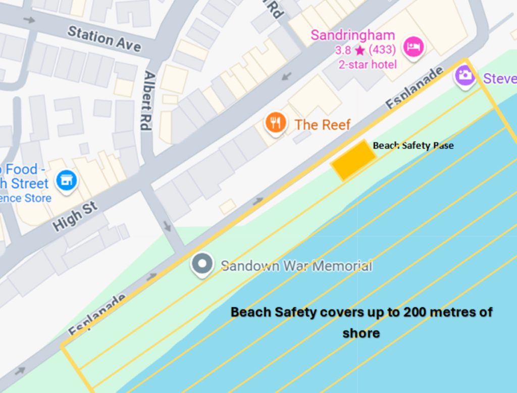 Map view of Sandown seafront showing Station Avenue, Albert Road, High Street, and the Esplanade.